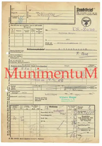 Frachtbrief WENDLINGEN ROTTENBURG 1946 bzgl. Leiterwagen U.S.-Zone Rollgeld