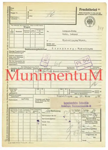 Frachtbrief Scheible SINGELFINGEN '53 STRAßBERG WINTERLINGEN bzgl. Maschinenteil