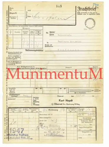 Frachtbrief Kurt Heydt OBERROT BACKNANG an Volksschule BOPFINGEN US-Zone 1947