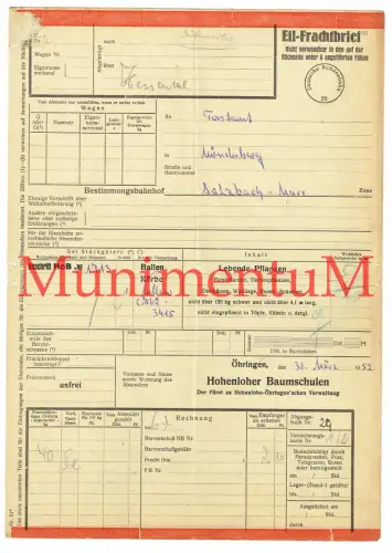 Frachtbrief ÖHRINGEN Hohenloher Baumschulen 1952 lebende Pflanzen n. MÖNCHSBERG