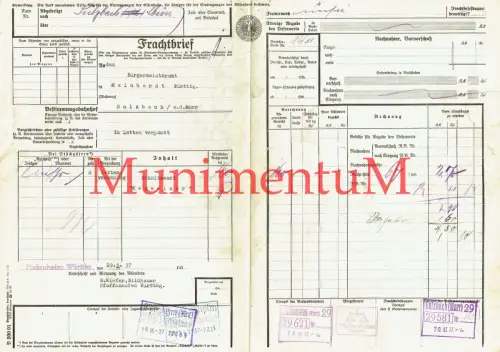 Frachtbrief PFAFFENHOFEN Bildhauer E. Kiefer 1937 Schnitzwerk Wegweiser SULZBACH