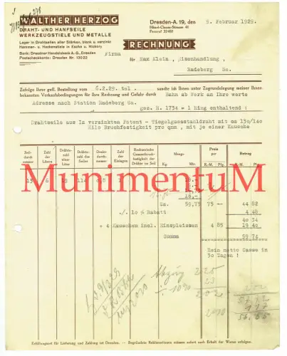 Draht- u. Hanfseile Walther Herzog DRESDEN-A. - Rechnung 1929 verzinktes Patent