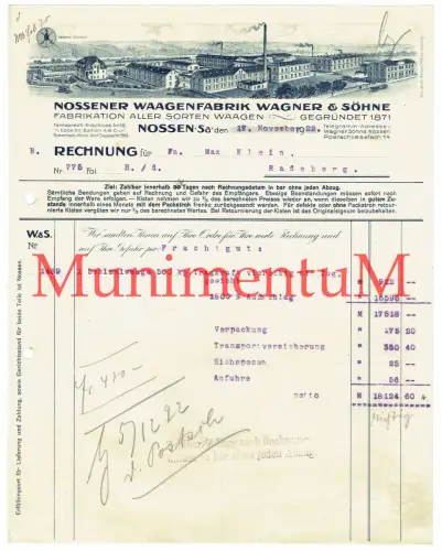 NOSSENER Waagenfabrik Wagner & Söhne Rechnung 1922 Frachtgut Nossen Waagen