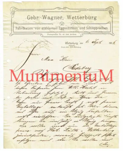 Gebr. Wagner WETTERBURG (Waldeck) KÜLTE Eggenzinken Schlepprechen Schreiben 1906