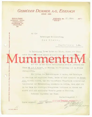 Gebr. Demmer EISENACH Spezial-Fabrik Sparkochherde Heizöfen Offerte Reklame 1914