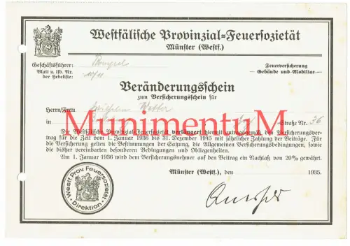 Westfälische Provinzial Feuersozietät MÜNSTER Veränderungsschein BERLEBURG 1935