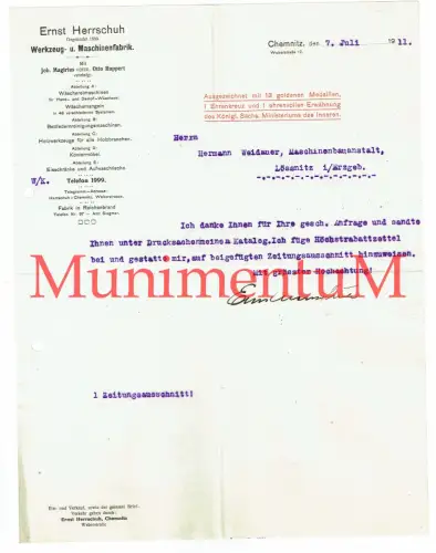 Werkzeug- u. Maschinenfabrik Herrschuh CHEMNTIZ Offerte Rabattliste Werbung 1911