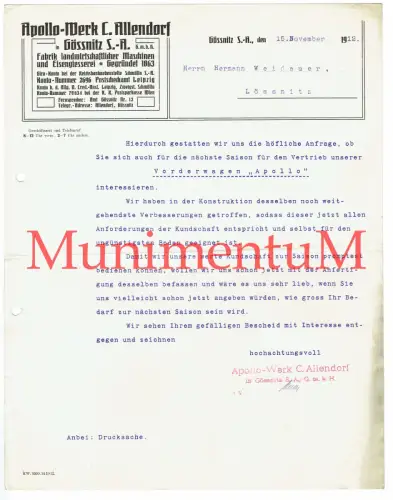Apollo-Werk Allendorf GÖSSNITZ Fabrik landwirtschaftlicher Maschinen 1912