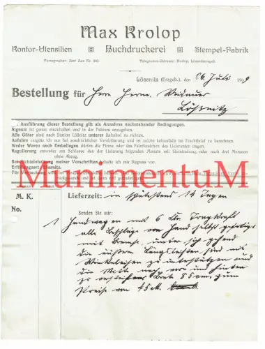 Stempel-Fabrik Buchdruckerei Kontor-Utensilien Max Krolop LÖSSNITZ Rechnung 1909