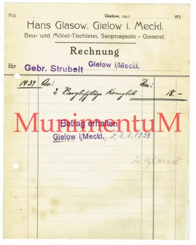 Sargmagazin-Glaserei Tischlerei H. Glasow GIELOW i. Mecklenburg - Rechnung 1939