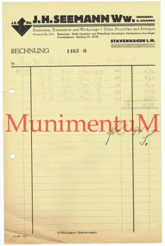 Glas, Porzellan, Steingut J. H. Seemann STAVENHAGEN i. M. - Rechnung 1943