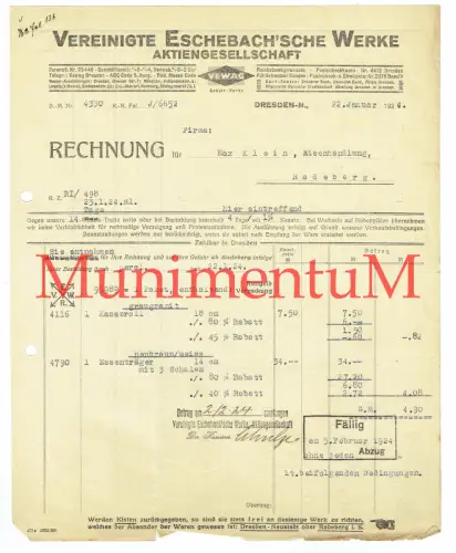 Vereinigte Eschebach'sche Werke Aktiengesellschaft DRESDEN | Rechnung 1924