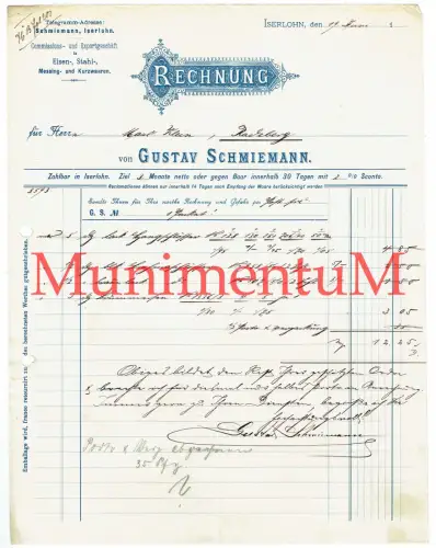 Commissions- u. Exportgeschäft Gustav Schmiemann ISERLOHN - Rechnung 1900-1910?