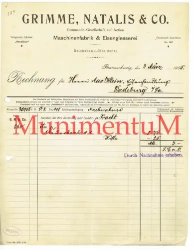 Maschinenfabrik & Eisengießerei Grimme, Natalis & Co. BRAUNSCHWEIG Rechnung 1905