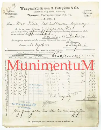 Waagenfabrik O. Potrykus & Co. BREMEN - Rechnung 1902 Inh. Strothoff Tafelwaagen