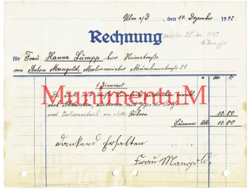 ULM a.d. Donau (Heimstraße) | Rechnung 1942 von Malermeister Mangold, H. Sumpp