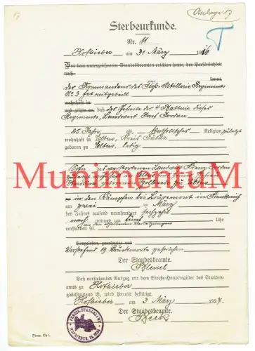 Fuß-Artillerie-Regiment Nr. 3 Sterbeurkunde 1916 Jordan FULDA ELTERS / HOFBIEBER