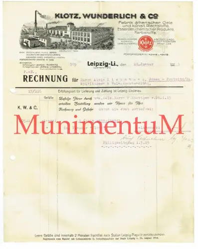 Klotz, Wunderlich & Co. Fabrik ätherischer Öle LEIPZIG-LINDENAU Rechnung 1925