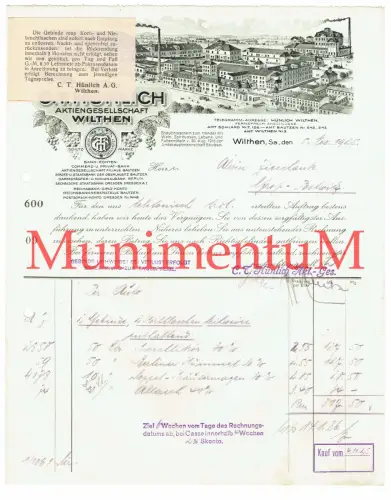 C.T. Hünlich Aktiengesellschaft WILTHEN in Sachsen bei BAUTZEN Rechnung 1925