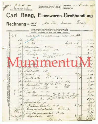 Carl Beeg DRESDEN Eisenwaren-Großhandlung Pöppelmannstraße -  Rechnung 1926