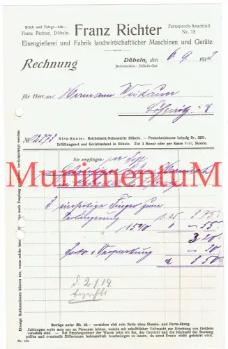 Eisengießerei Fabrik landwirtschaftlicher Maschinen Richter DÖBELN Rechnung 1913