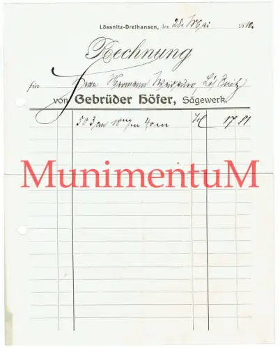 Gebrüder Höfer LÖSSNITZ-DREIHAUSEN - Rechnung 1910
