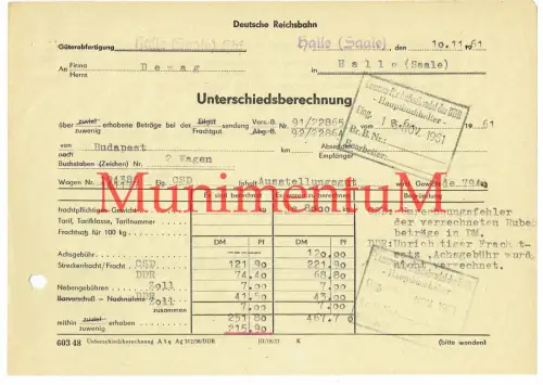 Deutsche Reichsbahn HALLE / SAALE Unterschiedsberechnung wg Fehler 1961 BUDAPEST