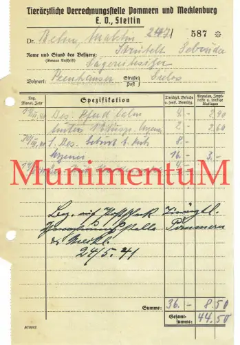 Tierärztliche Verrechnungsstelle Pommern + Mecklenburg STETTIN 1941 Rechnung