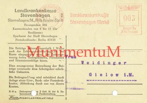 Landkrankenkasse STAVENHAGEN i.M. Beitragsrechnung 1943 Postkarte