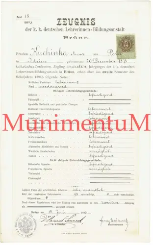 Zeugnis  k.k. kuk dt. Lehrerinnen-Bildungsanstalt BRÜNN MÄHREN SUDETENLAND 1893
