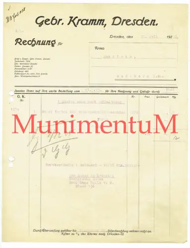 Gebrüder Kramm DRESDEN - Rechnung 1925 | Kurbel für Technische Messe LEIPZIG