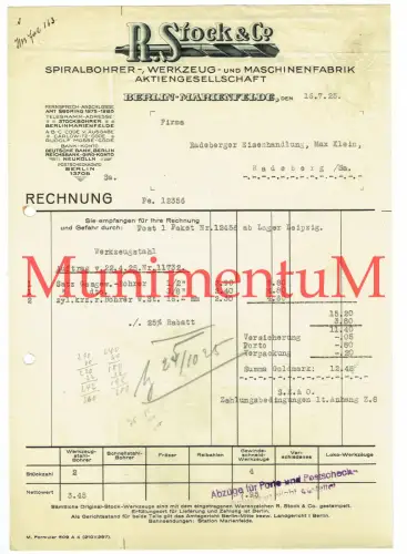 Maschinenfabrik Stock & Co. BERLIN-MARIENFELDE - Rechnung 1925 für Werkzeugstahl