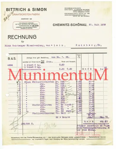 Drahtbürsten-Fabrik Bittrich & Simon gegr. 1895 CHEMNITZ-SCHÖNAU | Rechnung 1926