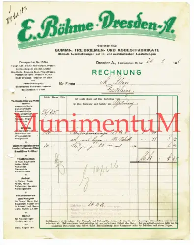 Gummi- Treibriemen- & Asbestfabrikate E. Böhme DRESDEN-ALTSTADT | Rechnung 1926