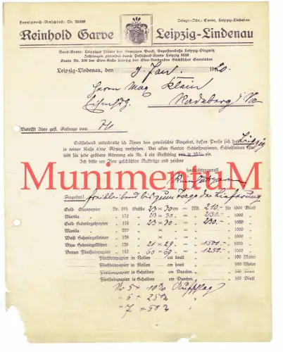 Papierfabrik Reinhold Garve LEIPZIG-LINDENAU | Rechnung 1920 nach Radeberg