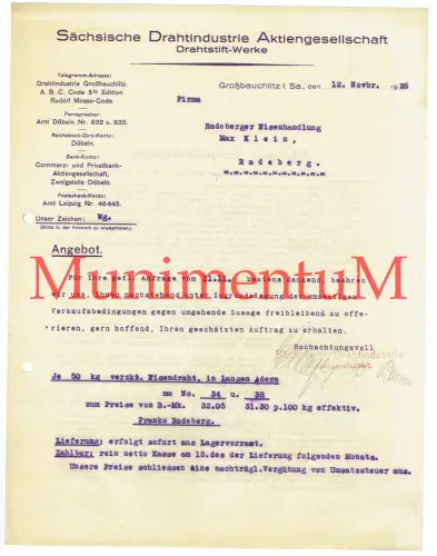 Sächsische Drahtindustrie AG Drahtstiftwerke GROßBAUCHLITZ Angebot Offerte 1926