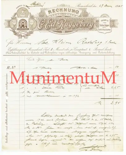 Fabrik v. Feilen Sägen & Schlittschuhen Ed. Rüggeberg REMSCHEID - Rechnung 1905