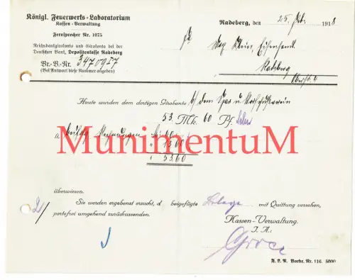 Königl. Feuerwerks-Laboratorium RADEBERG | Rechnung 1918