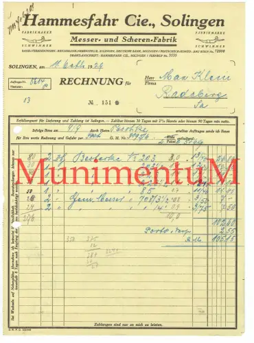Messer- & Scherenfabrik Hammesfahr Cie. SOLINGEN Fabrikmarke | Rechnung 1929
