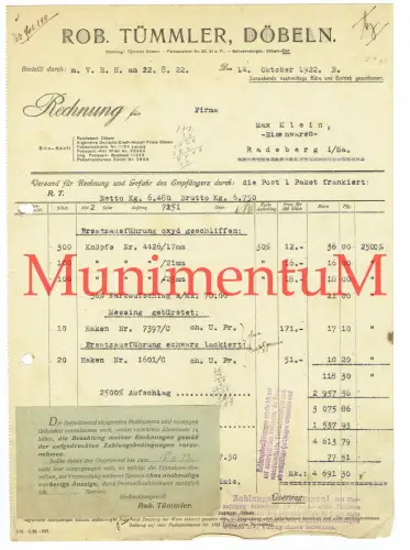 Metallwarenfabrik Robert Tümmler DÖBELN | Rechnung Offerte Reklame Werbung 1922
