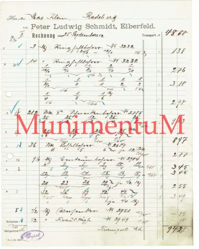 Werkzeugfabrik P. L. Schmidt ELBERFELD Wuppertal gegr. 1790 - Rechnung 1902