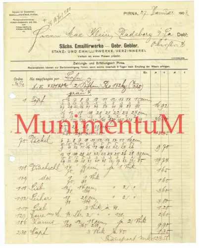 Säschsiche Stanz- & Emaillewerke Verzinnerei Gebr. Gebler PIRNA - Rechnung 1903