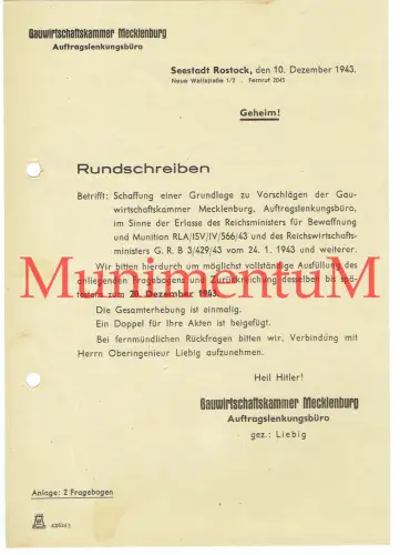 Auftragslenkungsbüro Gauwirtschaftskammer ROSTOCK 1943 GEHEIMES Rundschreiben
