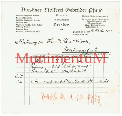 Dresdner Molkerei Gebr. Pfund - Rechnung DRESDEN 1933 Frachtgut n. Taschendorf