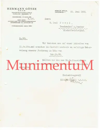 Kraftfutterfabrik Hermann Götze BERLIN Bremerstr. | Rechnung 1932