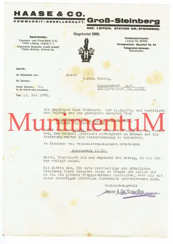 Brutapparatebau Haase & Co. Groß-Steinberg Bez. Leipzig | Rechnung 1932