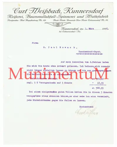 Reißerei Wattefabrik Curt Weißbach KUNNERSDORF bei ERDMANNSDORF Rechnung 1926