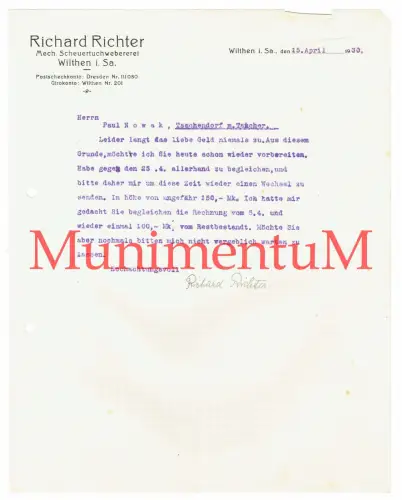 Mechanische Scheuertuchweberei Richard Richter WILTHEN | Rechnung Mahnung 1930