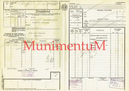 Frachtbrief Glaserei + Sägewerk E. Otto WEIKERSHEIM 1937 nach KIRCHHEIM