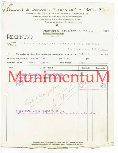 Hubert & Becker FRANKFURT AM MAIN | Rechnung 1925